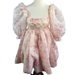 Selkie Cottagecore Fairy Puff Sleeve Bubble Pink Floral Dress Mini Small
